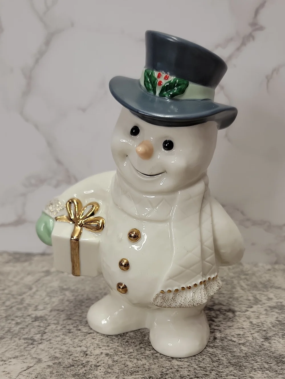 Lenox Frosty Snowman Figurine With Blue / Gray Hat Gold Trim Holding Present